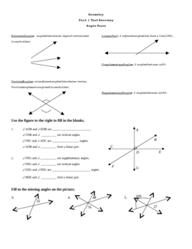 Angle Pairs Test Recovery Worksheet by Lexie | TPT