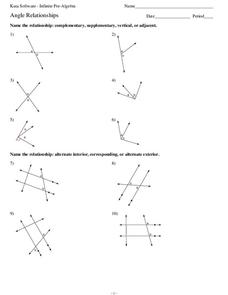 Angle Relationships Worksheet for 5th - 8th Grade | Lesson Planet