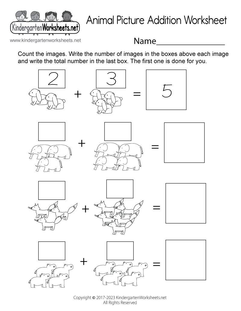 animal addition worksheet for kindergarten