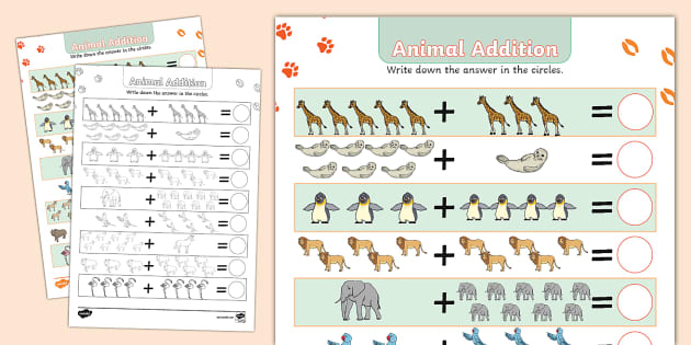animal addition worksheet for kindergarten