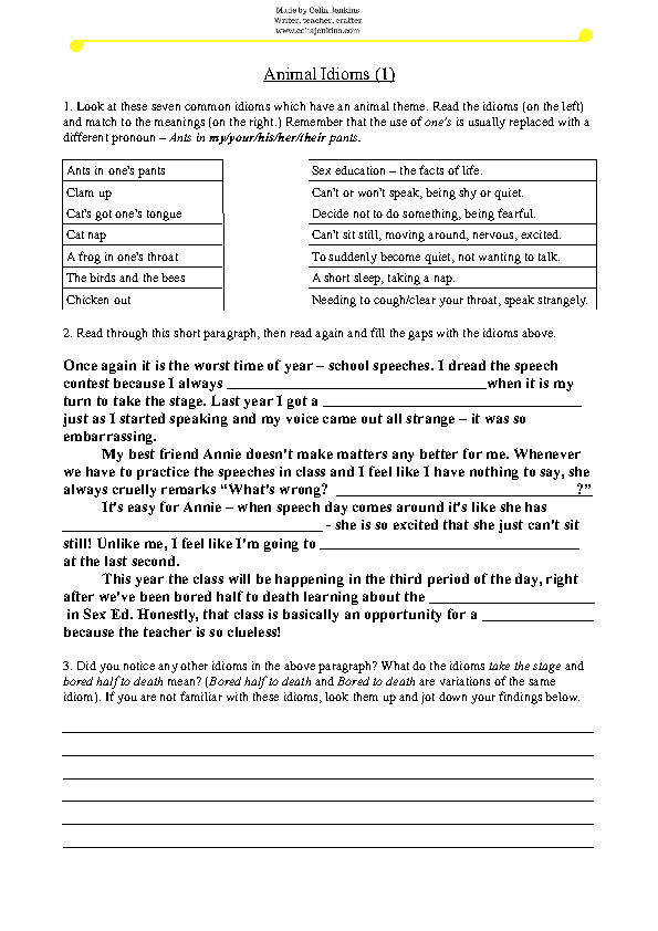animal idioms worksheet