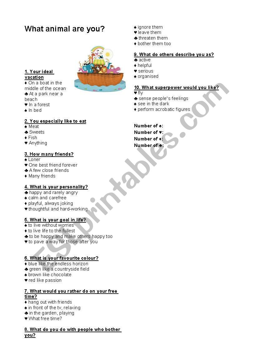 animal personality test printable version