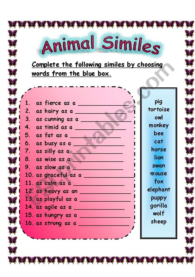 ANIMAL SIMILES WORKSHEET (29.07.2008) - ESL worksheet by teacher2009