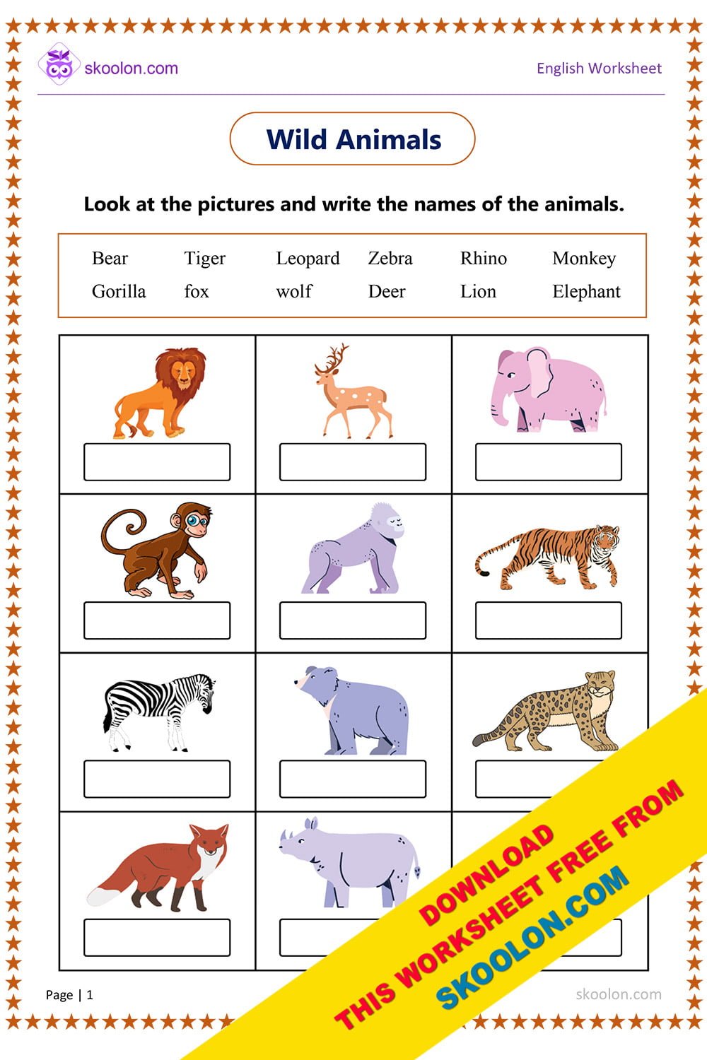 Wild Animals Worksheet - skoolon.com