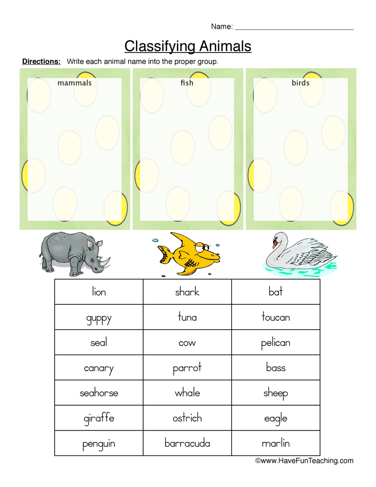 Mammals, Fish, or Birds Classifying Animals Worksheet - Have Fun ...