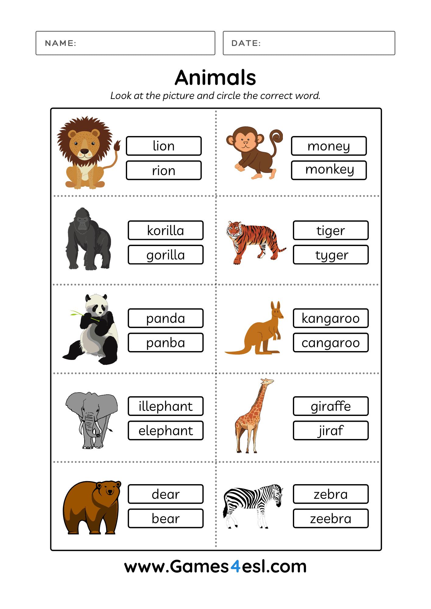 animals vocabulary games printable
