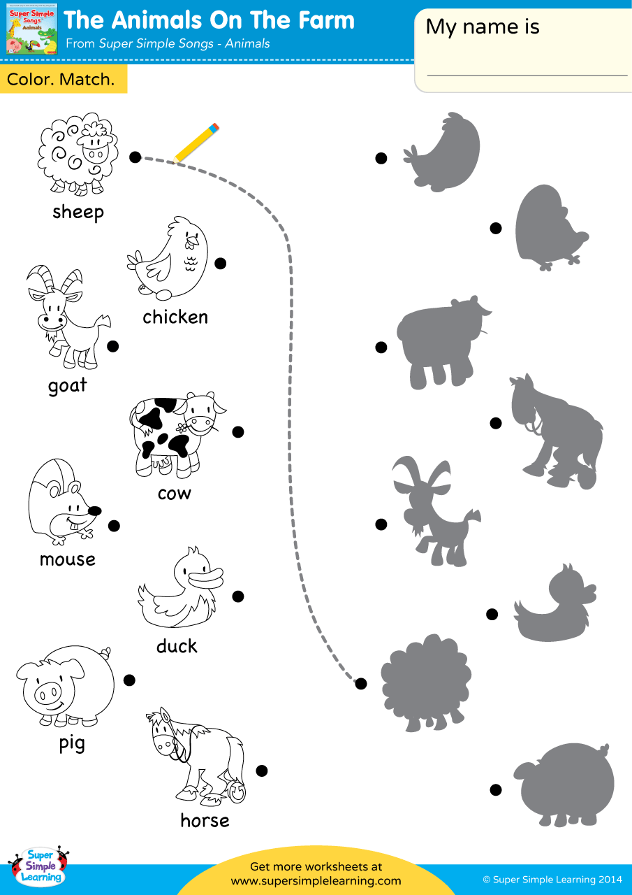 The Animals On The Farm Worksheet - Color &  Match - Super Simple