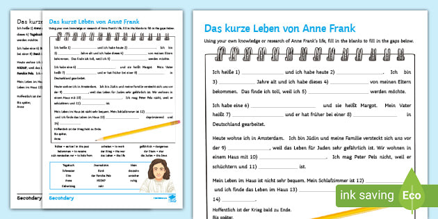 Anne Frank Biography Worksheet / Worksheet German - Twinkl