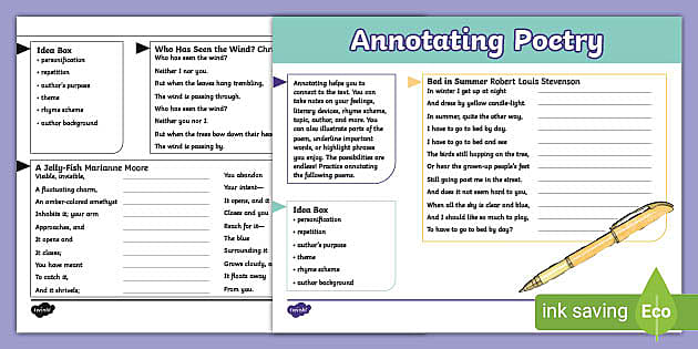 Annotating A Poem Worksheet - Poetry Activity ELA Grade 3-5