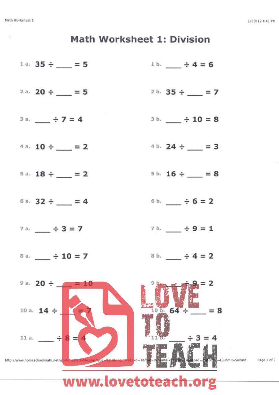 Math Worksheet 1 - Division (with Answer Key) | LoveToTeach.org ...