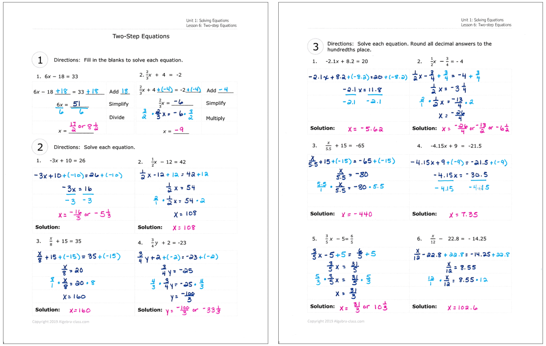 Algebra Worksheets with Answers