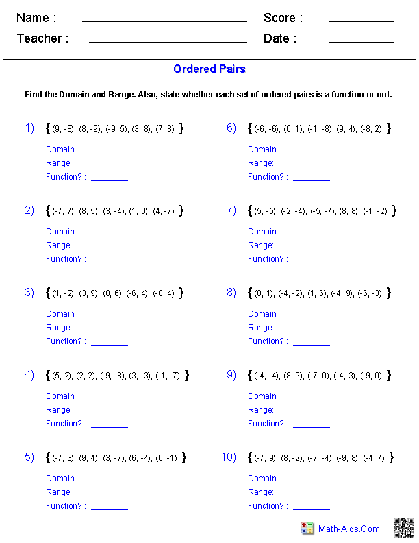 Algebra 1 Worksheets | Domain and Range Worksheets
