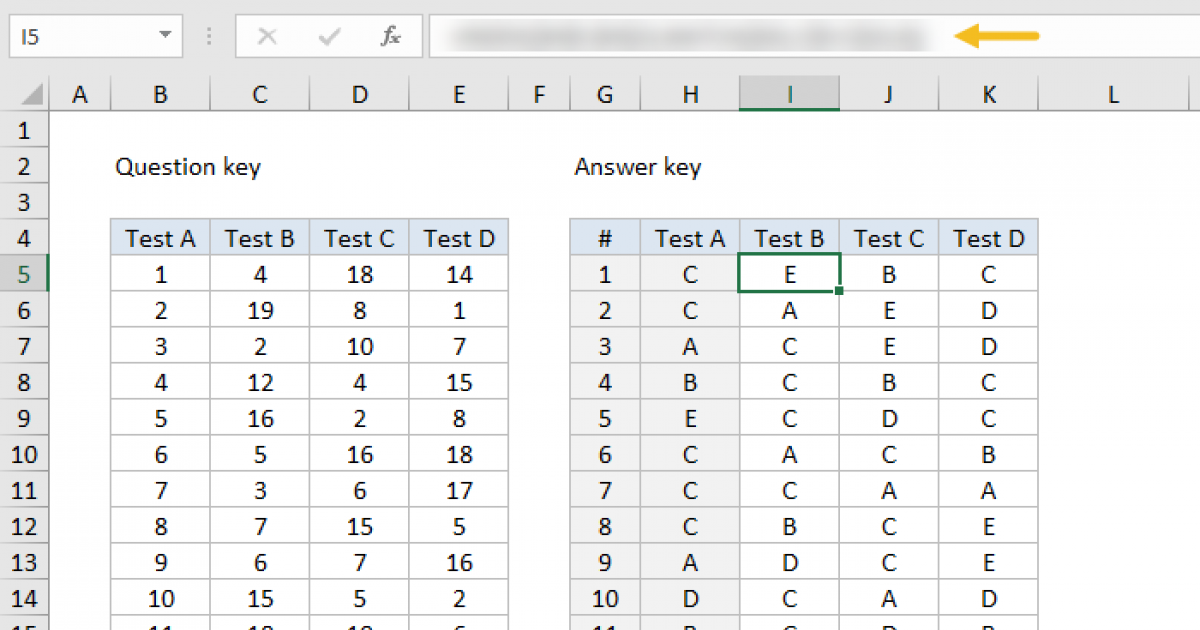 Formula challenge - build answer key for tests | Exceljet - Worksheets ...