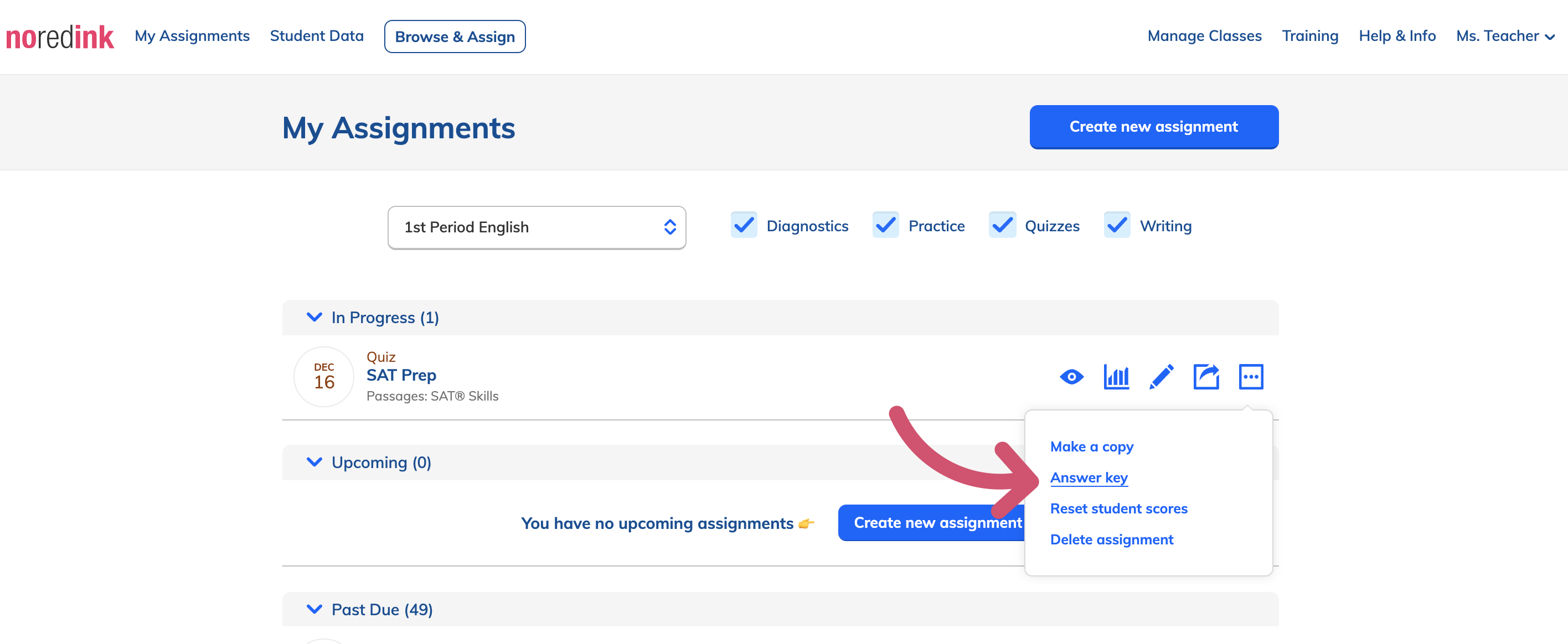 Locating assignment answer keys - NoRedInk Help Center