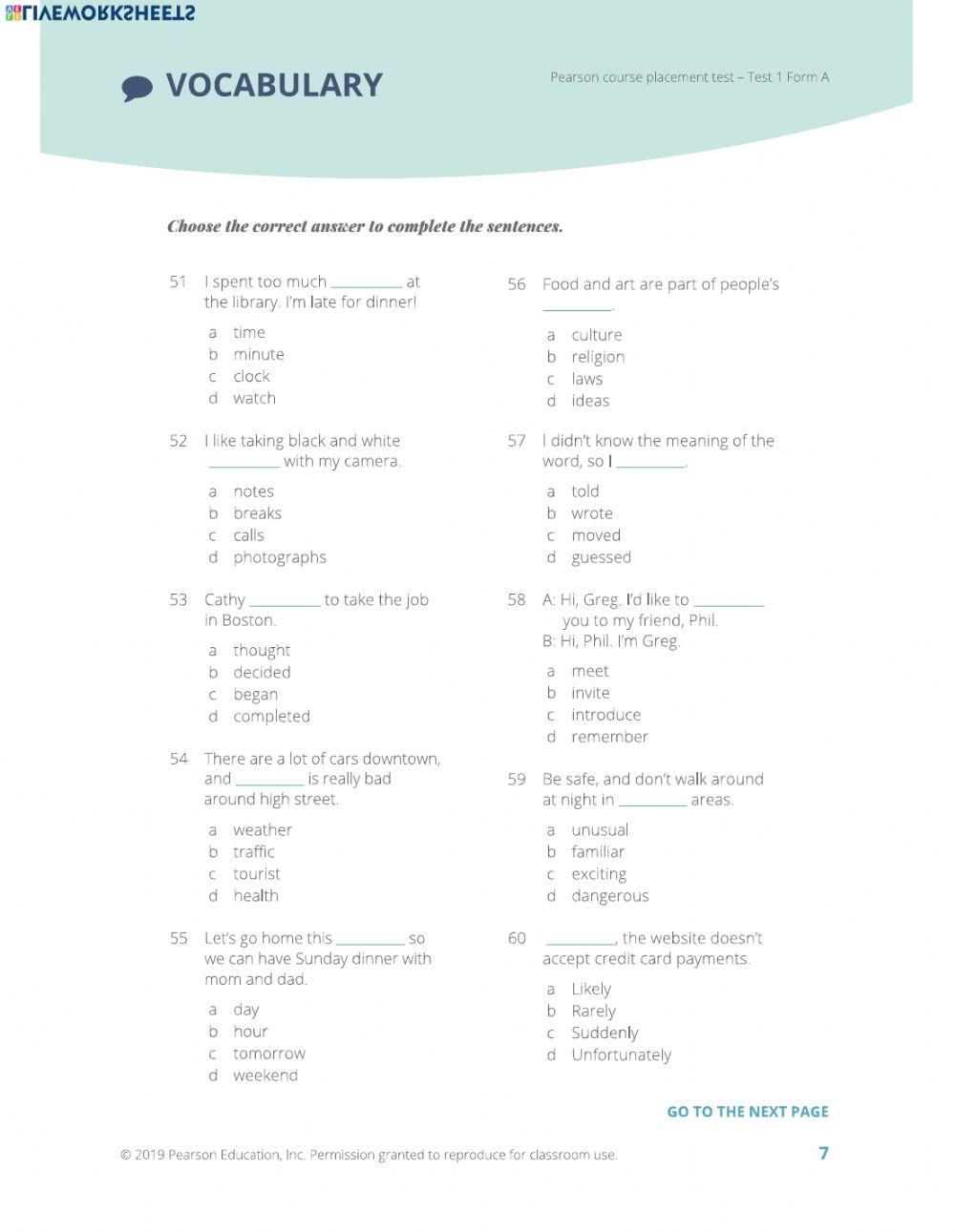 Pearson Placement Test 1A Vocabulary worksheet Live Worksheets
