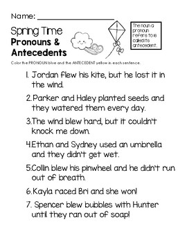 Spring Time - Pronouns &  Antecedents Worksheet by Little Learning Lane