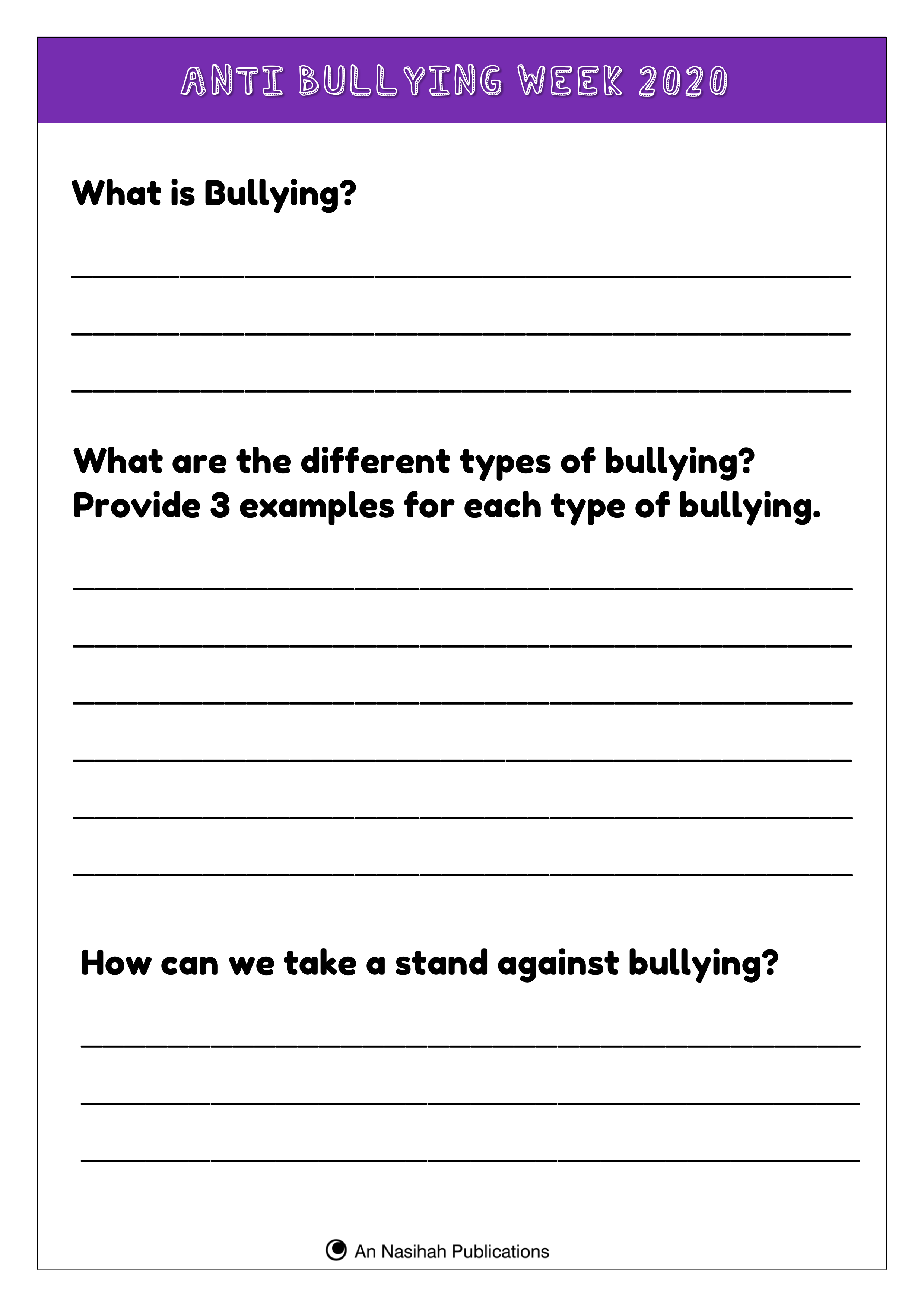 Anti Bullying 2020 - Question Worksheet | An Nasihah Publications