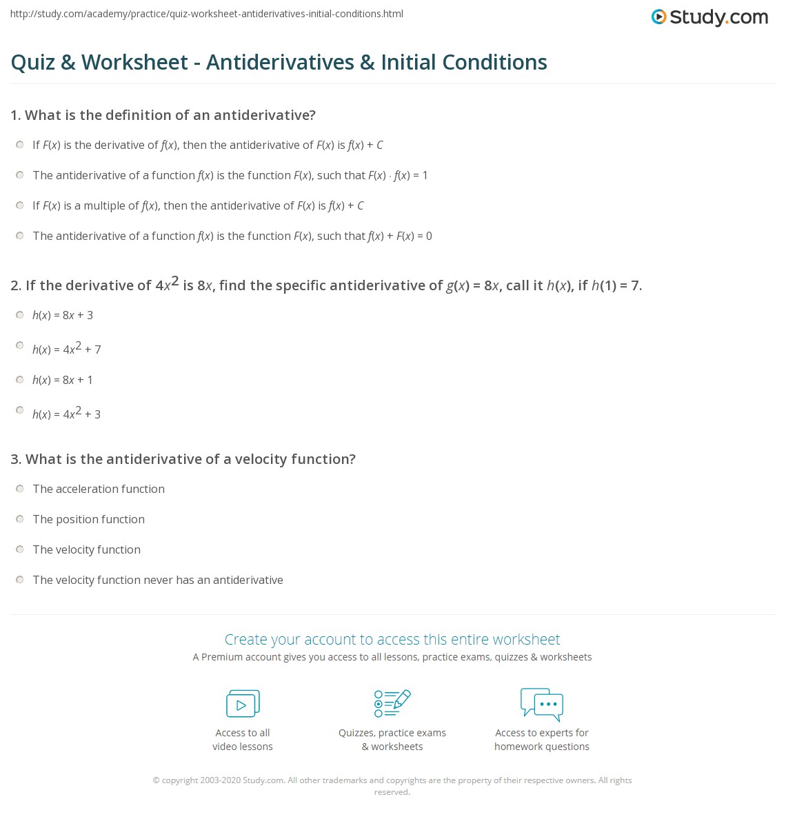 Quiz &  Worksheet - Antiderivatives &  Initial Conditions | Study.com