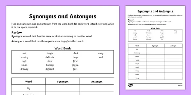 Synonym and Antonym Worksheet | English | Primary Resources