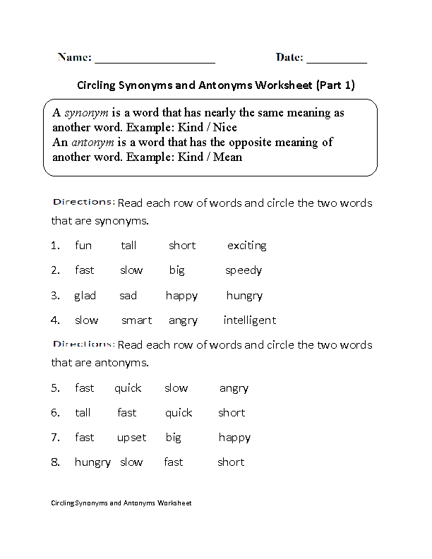 Antonyms Worksheets | Finding Synonyms and Antonyms Worksheet