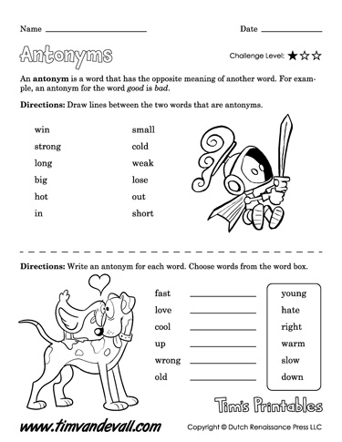 Antonym Worksheet - Tims Printables
