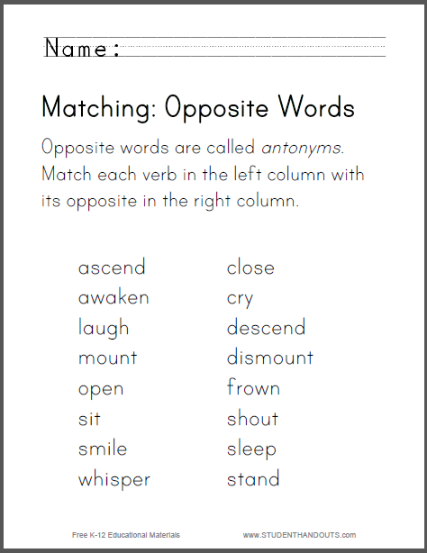 Verb Antonyms Worksheet for Kindergarten | Student Handouts