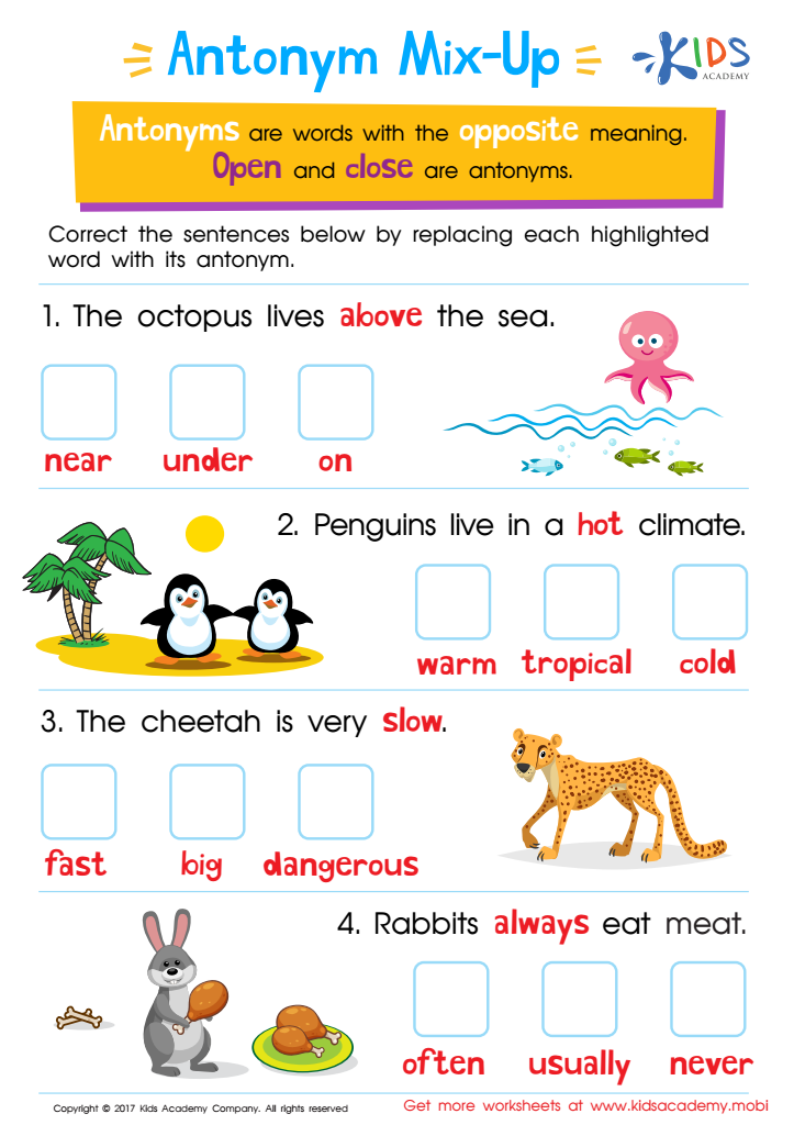 Vocabulary Antonyms Worksheet: Downloadable PDF for Children