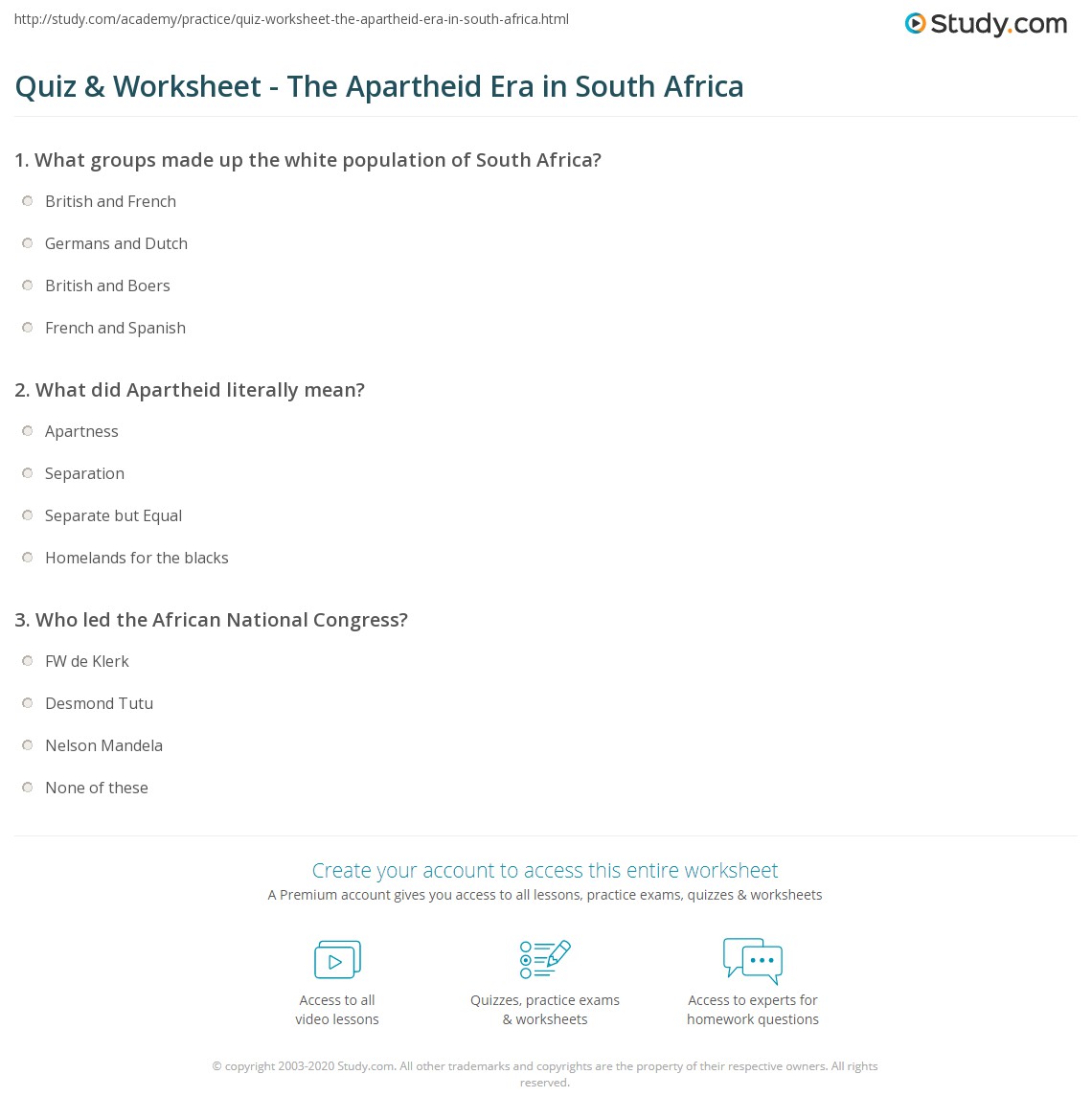 Quiz &  Worksheet - The Apartheid Era in South Africa | Study.com