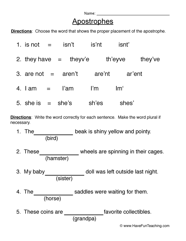Possession &  Contraction Apostrophe Worksheet  