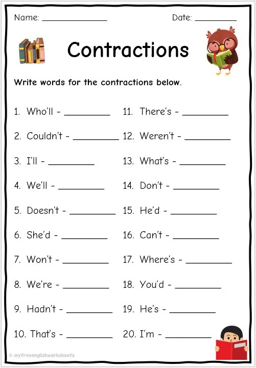 Apostrophe Worksheets - Contractions | Free English Worksheets