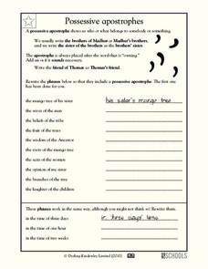 Possessive Apostrophes Worksheet for 3rd - 4th Grade | Lesson Planet