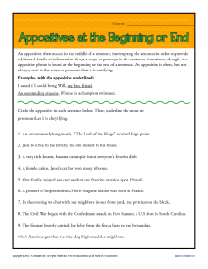 Appositives at Beginning or End | Printable Appositive Workheets