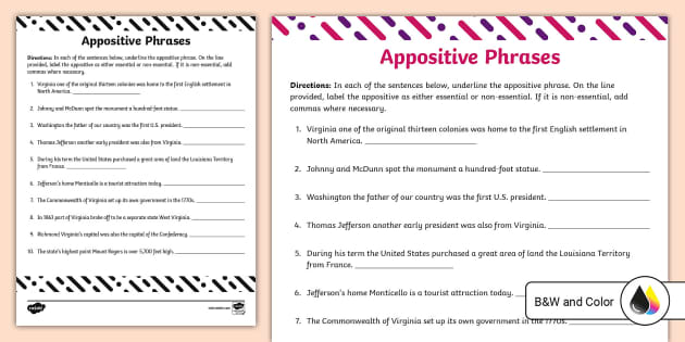 Identifying Appositive Phrases Activity for 6th-8th Grade