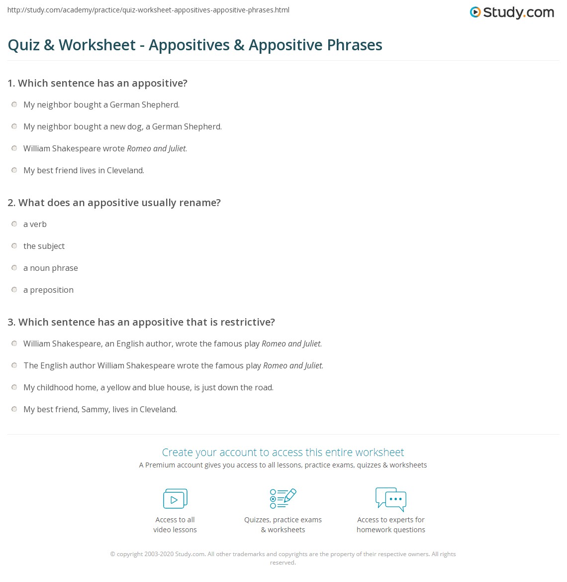 appositive phrase worksheet