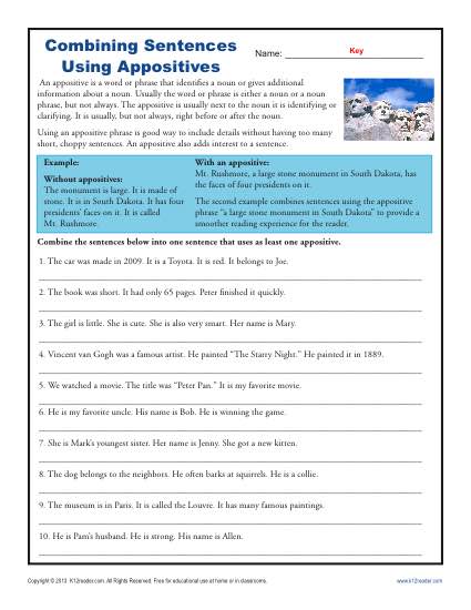 Combining Sentences with Appositives | Appositive Worksheets