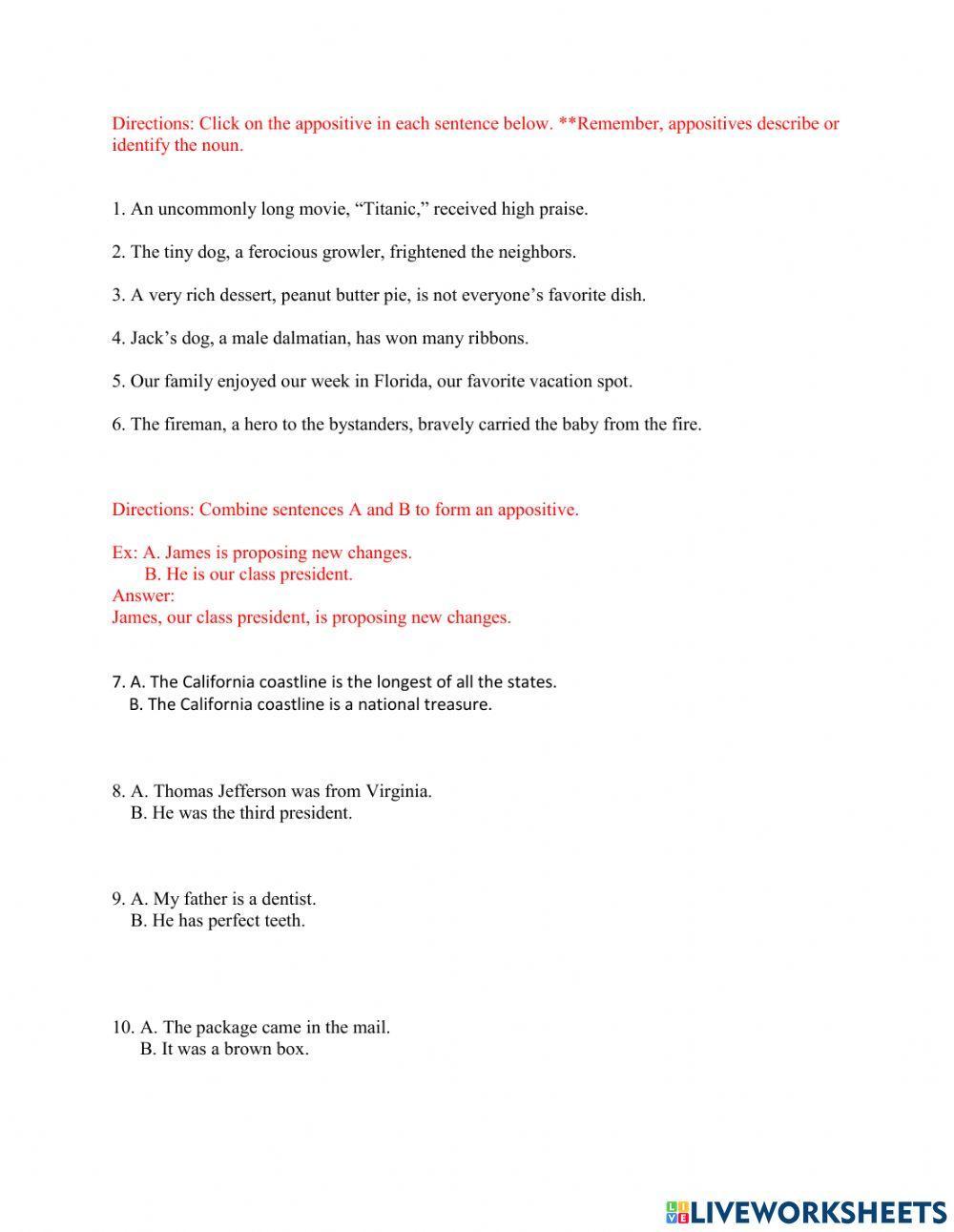 Appositive practice worksheet  