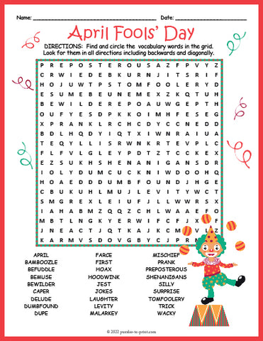 April Fools Day Word Search Puzzle worksheet - Puzzles to Print