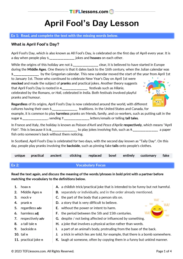 April Fools Day Reading TEFL Lessons Free