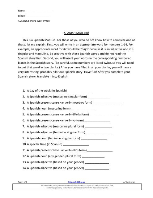 ar dept of education spanish worksheet