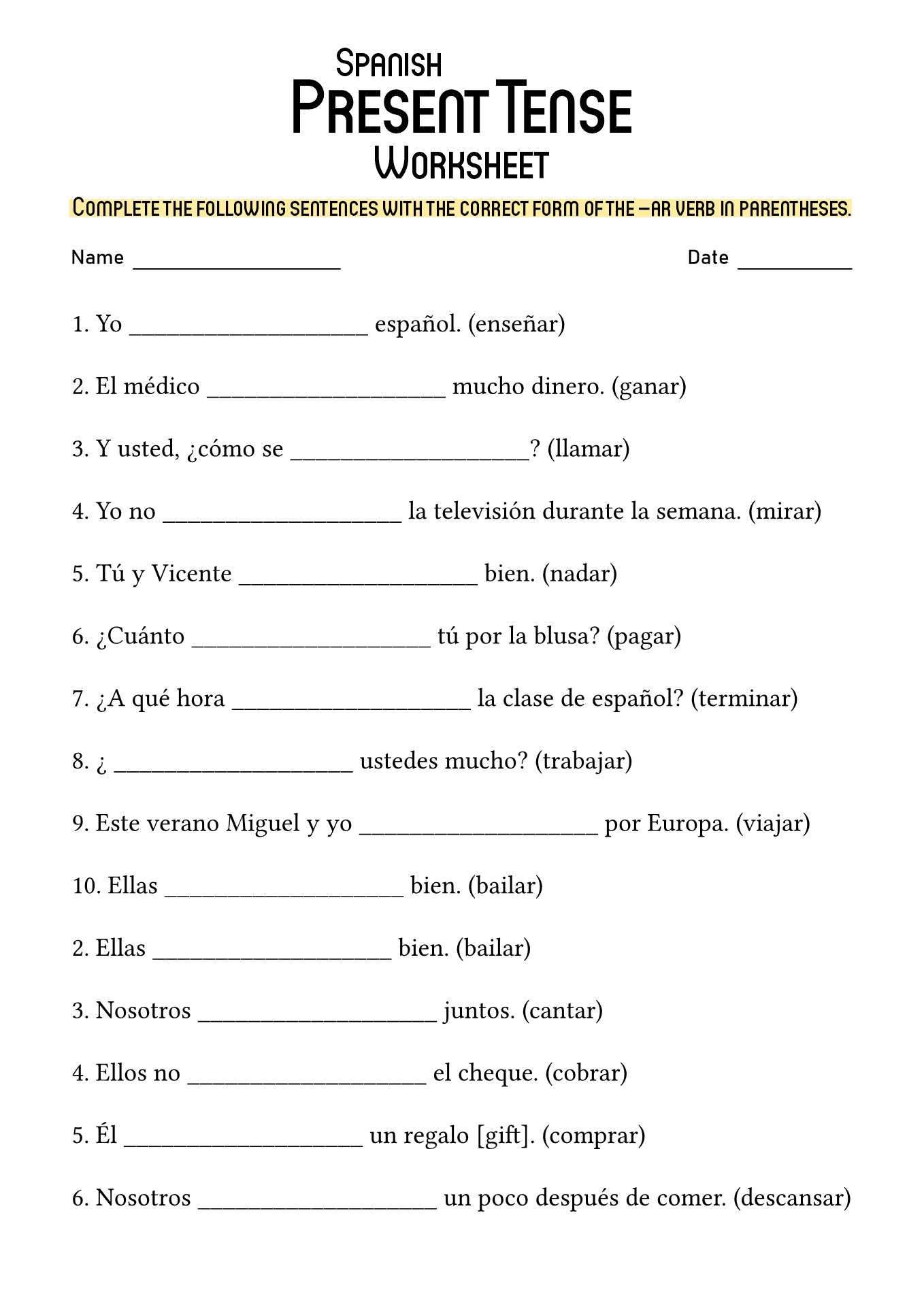 19 Spanish Verb Worksheets - Free PDF at worksheeto.com