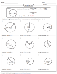 arc lengths and areas of sectors worksheet answers