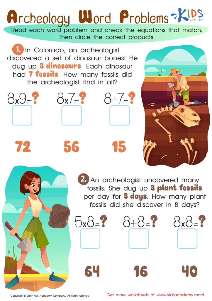 Archeology Word Problems Worksheet for kids