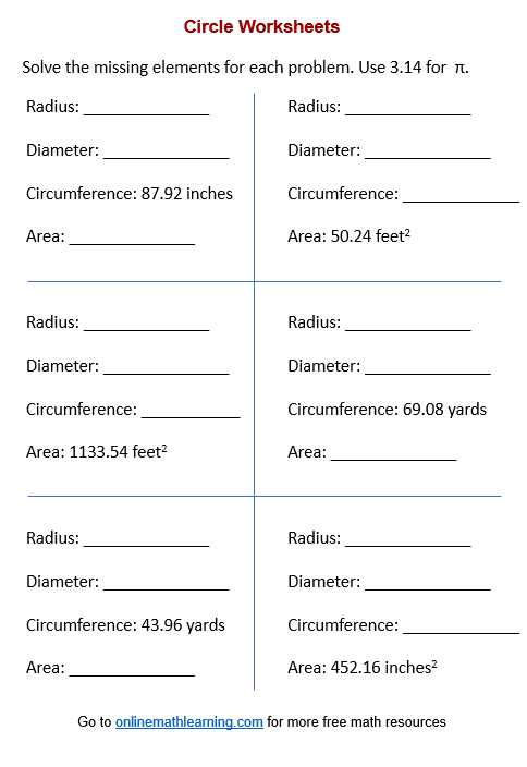 area and circumference of a circle worksheet