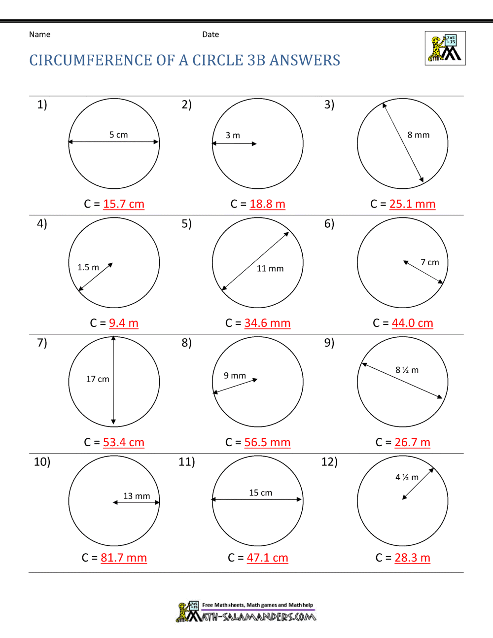 area and circumference of a circle worksheet