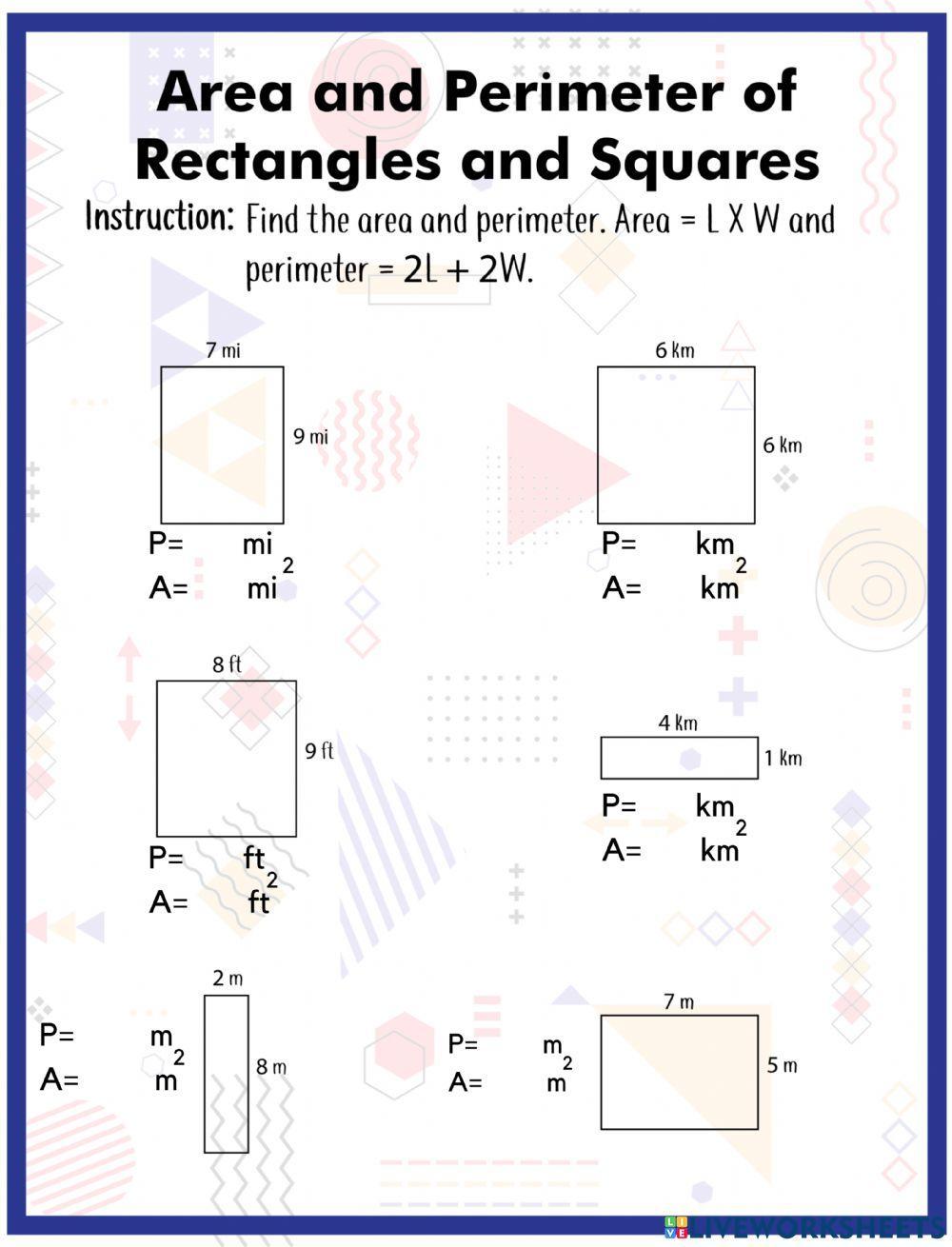 Area and Perimeter of Rectangles and Squares worksheet Live Worksheets Library