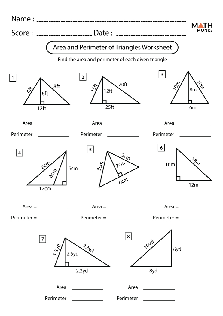 area and perimeter of triangles worksheet