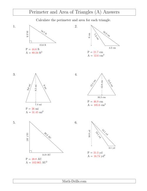 area and perimeter of triangles worksheet