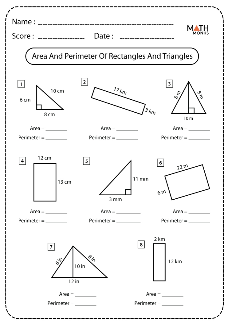 area and perimeter of triangles worksheet