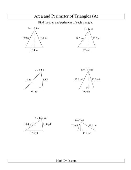 Area and Perimeter of Triangles (up to 1 decimal place; range 5-20 ...