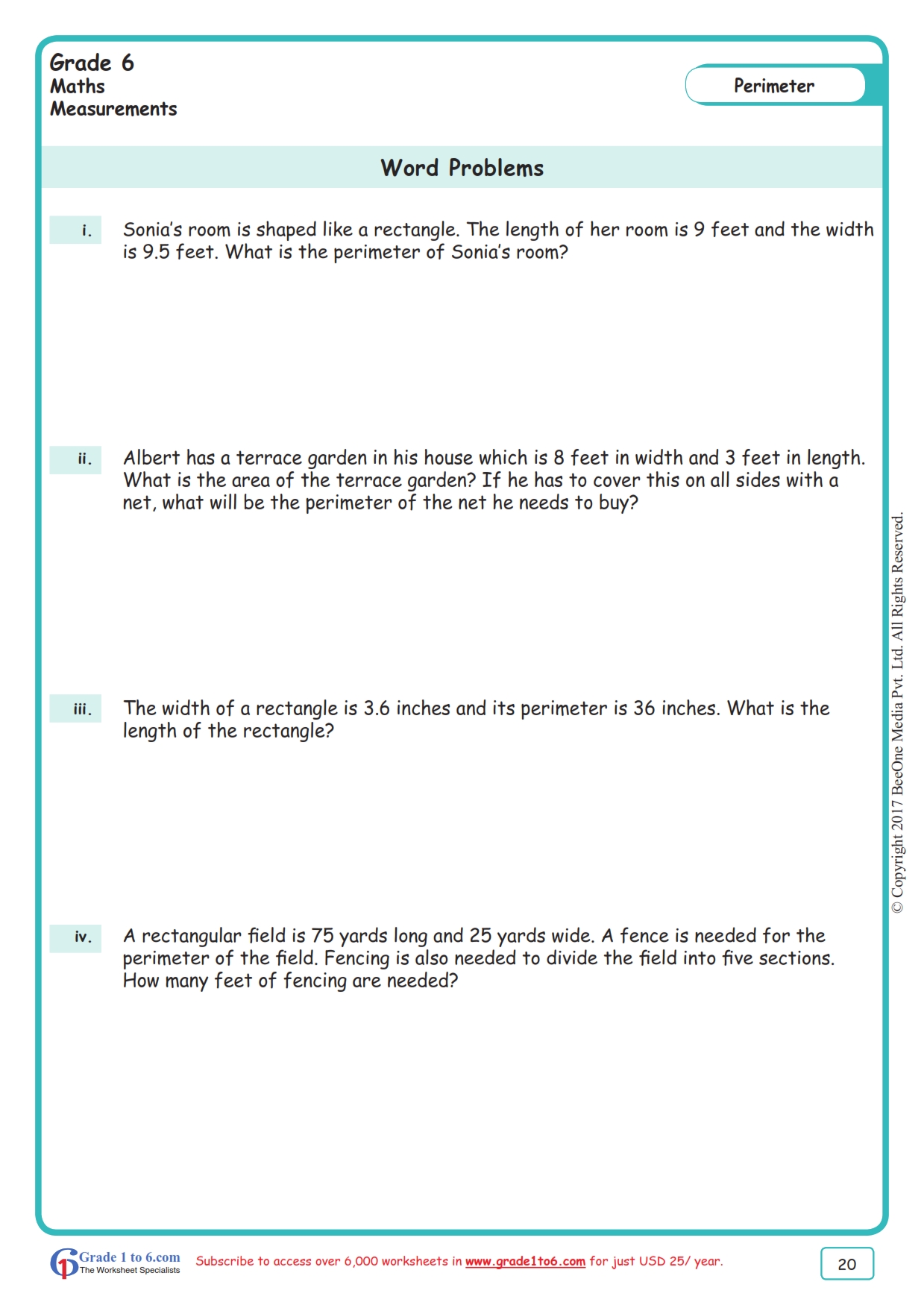 Perimeter Word Problems Worksheets | Grade1to6.com